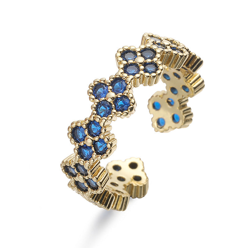 Wholesale Copper Inlaid with Colored Diamonds Four-Leaf Clover Ring