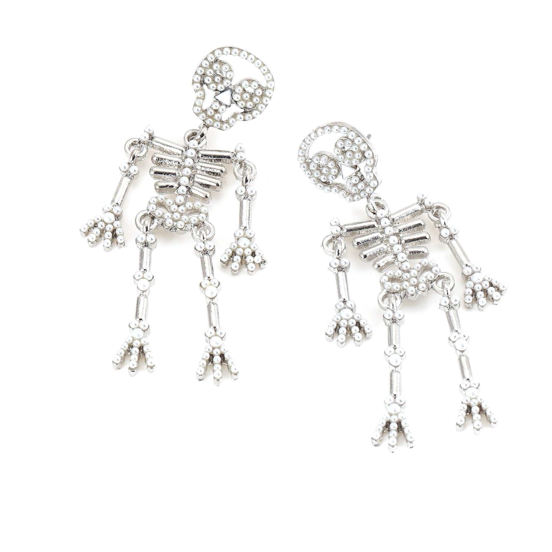 Wholesale Fashion Creative Exaggerated Skeleton Skull Diamond and Pearl Earrings