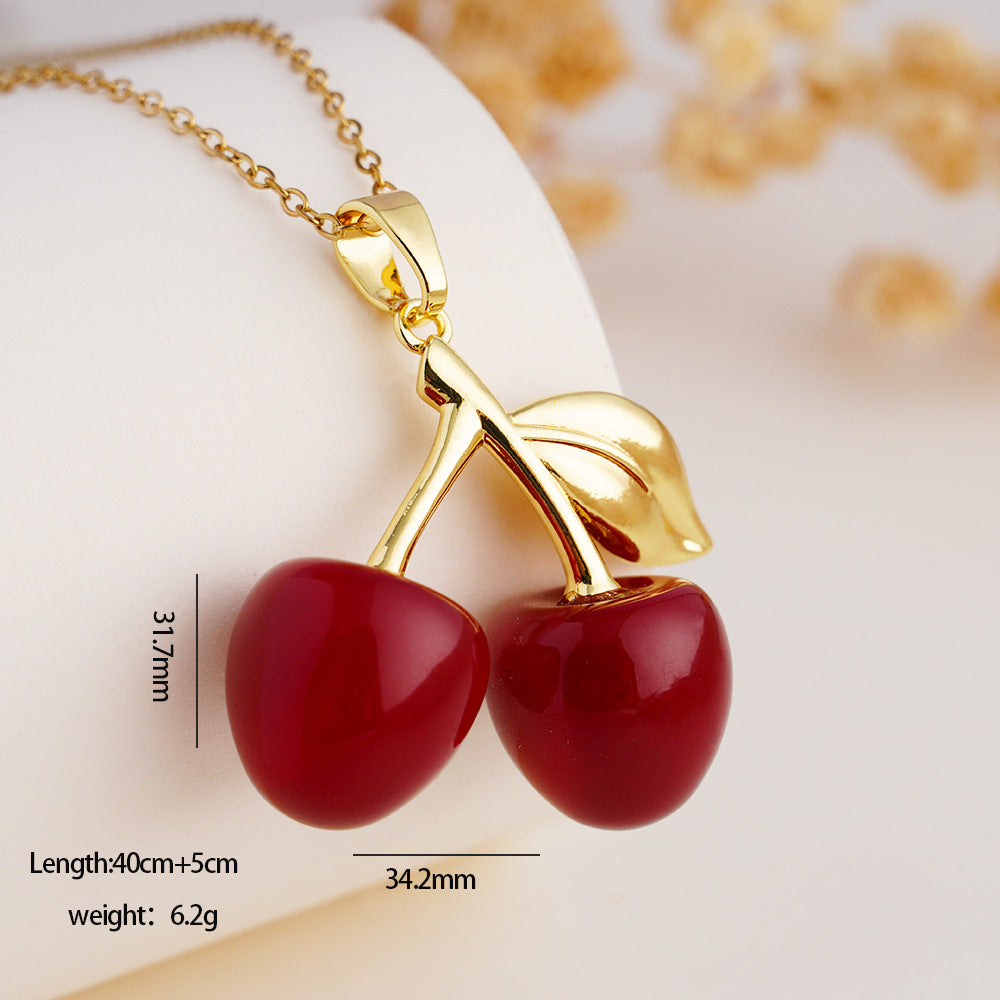 Wholesale Necklace for Women Fruit Red Cherry Pendant Metal Clavicle Necklace