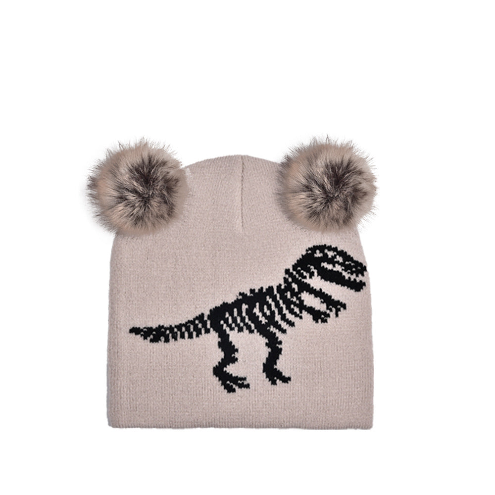 Wholesale Autumn and Winter Knitted Jacquard Dinosaur Double Hairball Beanie