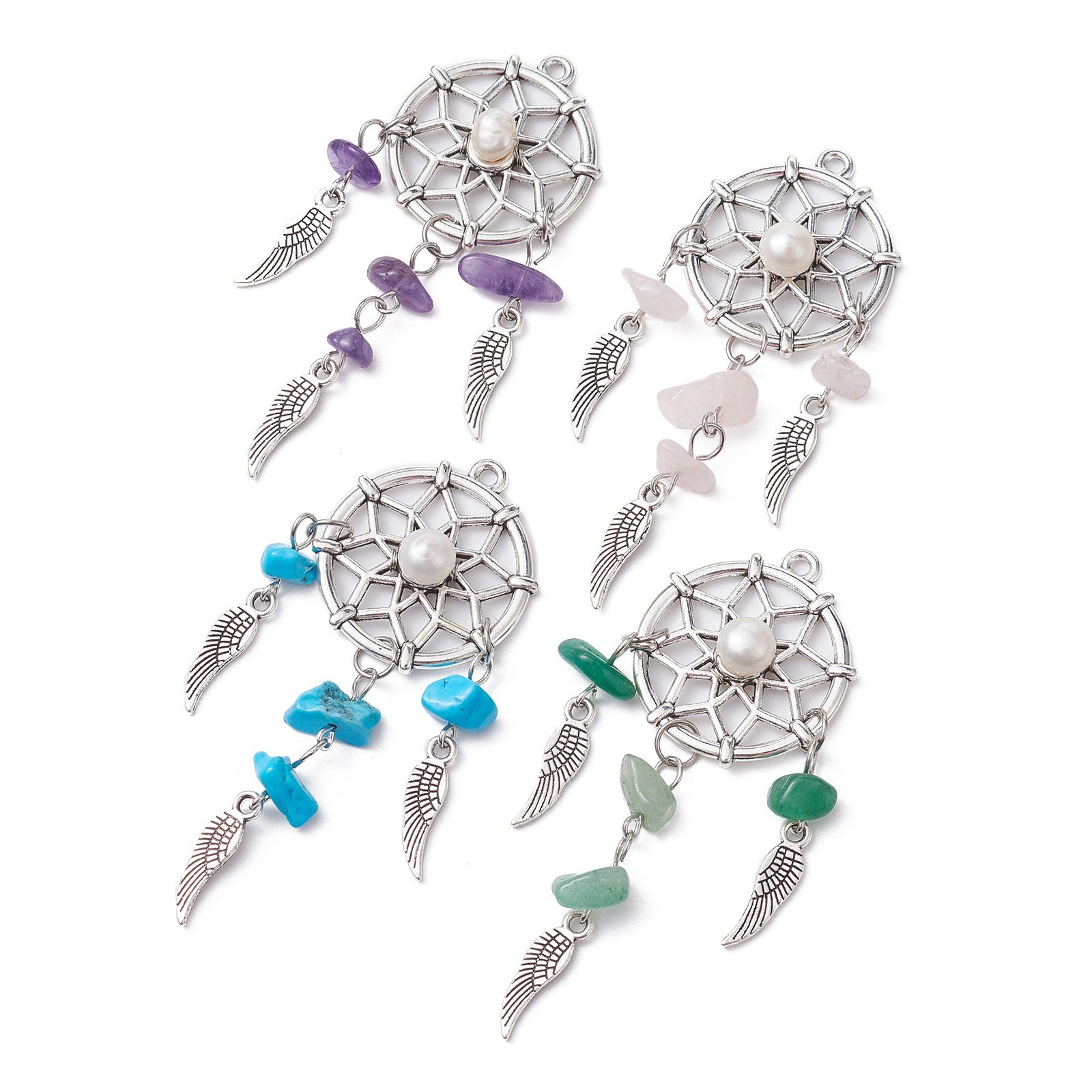 Wholesale Natural crystal stainless steel gravel dream catcher keychain ring pearl DIY tassel pendant