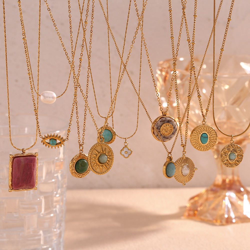 Wholesale Golden natural stone eye turquoise Stainless Steel Necklace
