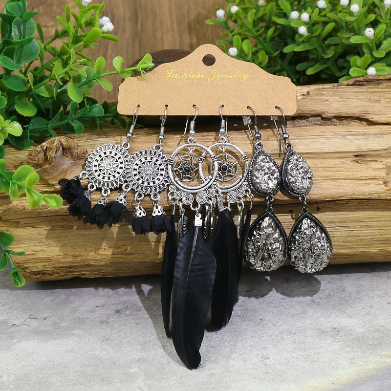 Wholesale Vintage Distressed Geometric Tassel Flower Earrings Set