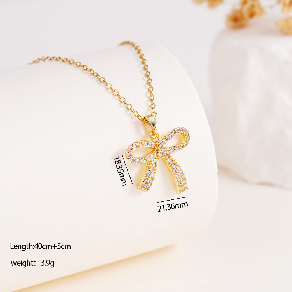 Wholesale Copper Inlaid Zircon Bow Pendant Luxury Versatile Stainless Steel Clavicle Necklace Jewelry