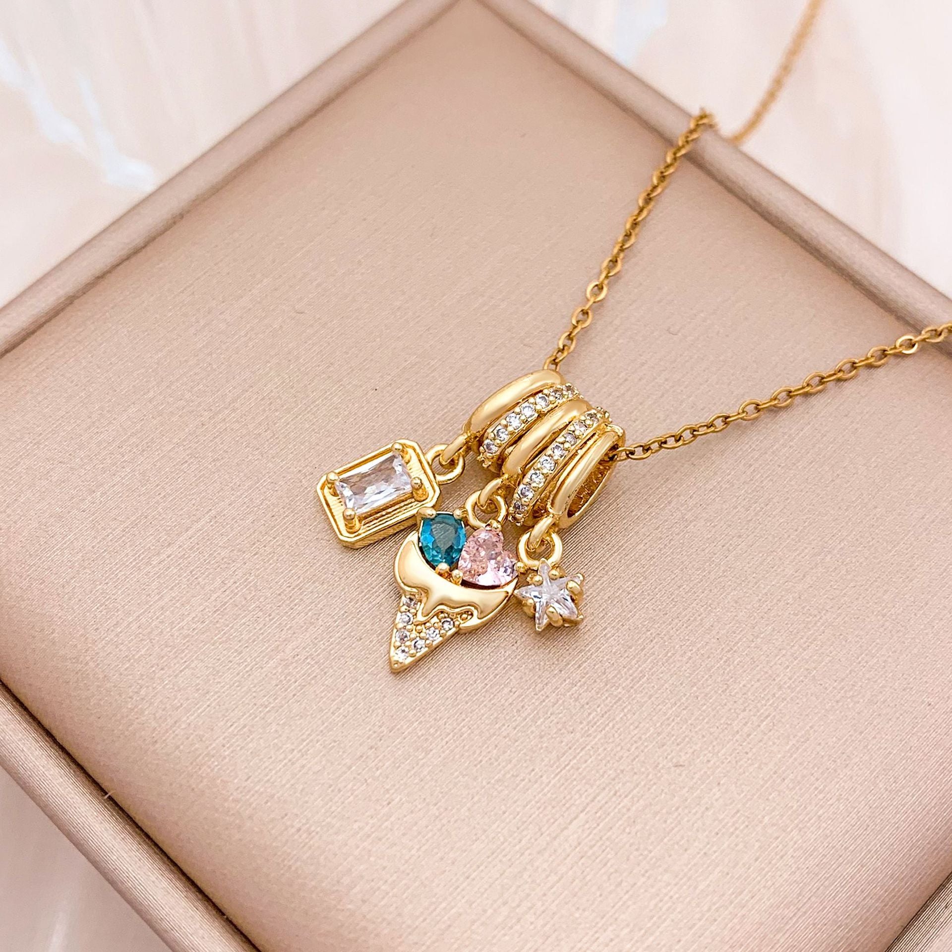 Wholesale Square Ice Cream Color Titanium Steel Necklace Luxury Micro-Paved Zircon Temperament  Accessory
