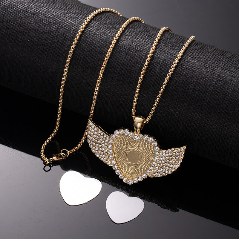 Wholesale Sublimation necklace angel wings necklace heart full diamond clavicle necklace