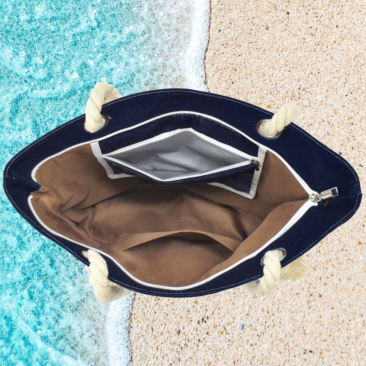 Wholesale Letter Canvas Striped Beach Handbag Zipper Multi-pocket Tote Bag