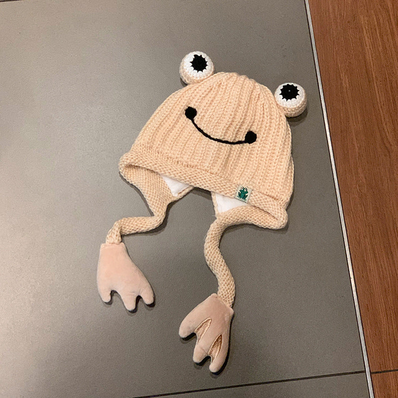 Wholesale Cute Frog Knitted Wool Hats with Plush Polyester Ear Protectors