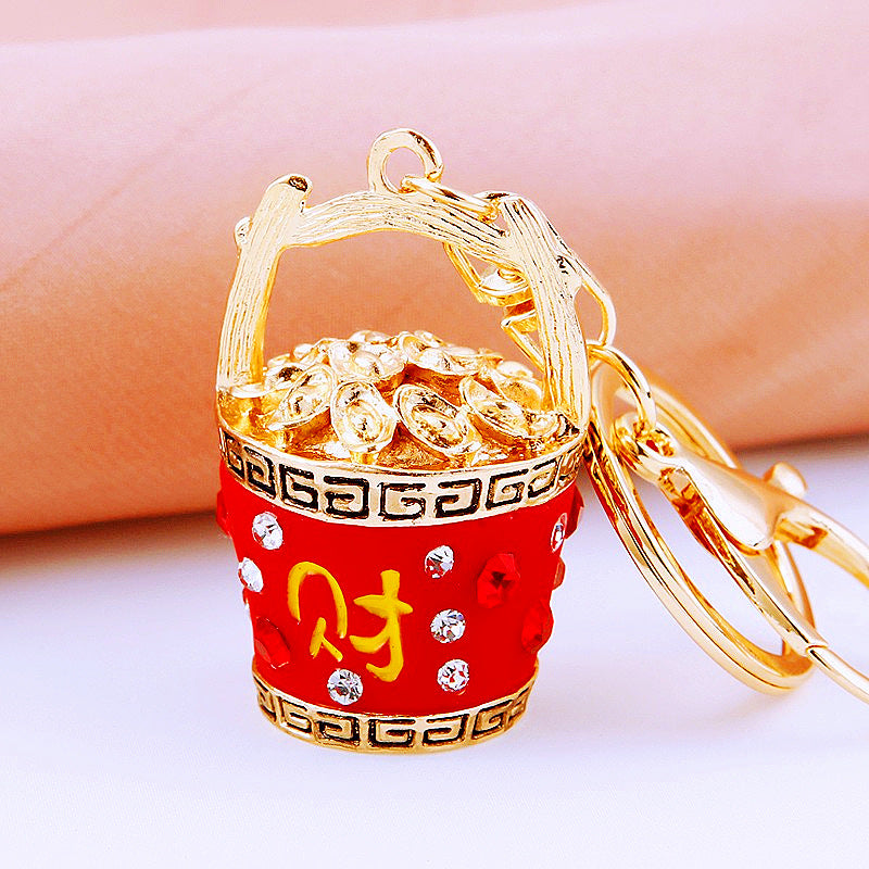 Wholesale Chinese Style Fortune Bucket Keychain Red Zinc Alloy Cornucopia Car Key Ring Decorative Bag Charm Gift