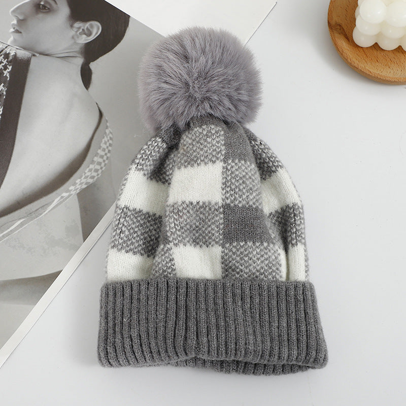 Wholesale Cold-proof Black and Red Plaid Knitted Hat with Ear Protection Wool Ball Beanie