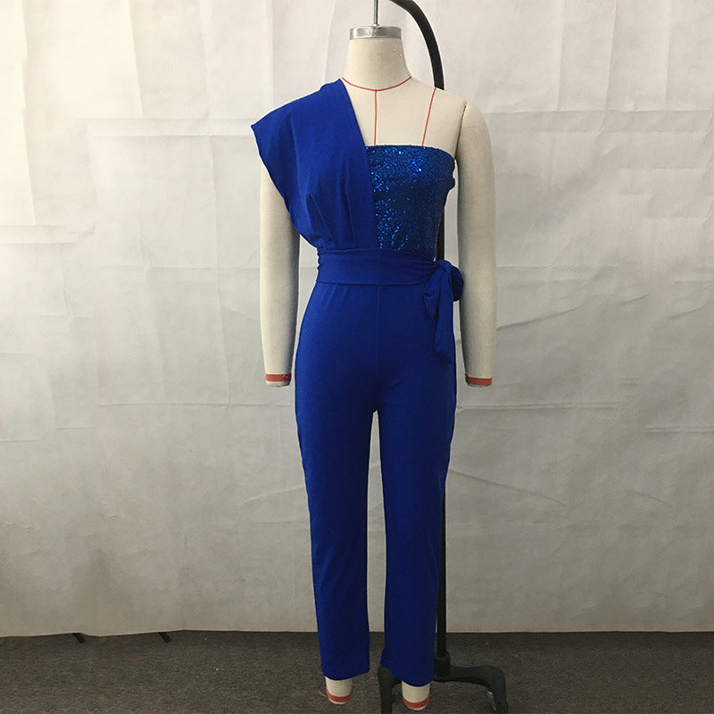 Wholesale Solid Color Sleeveless Belt Decorative Jumpsuit Slim-fit Stitching Beaded Women's Trousers