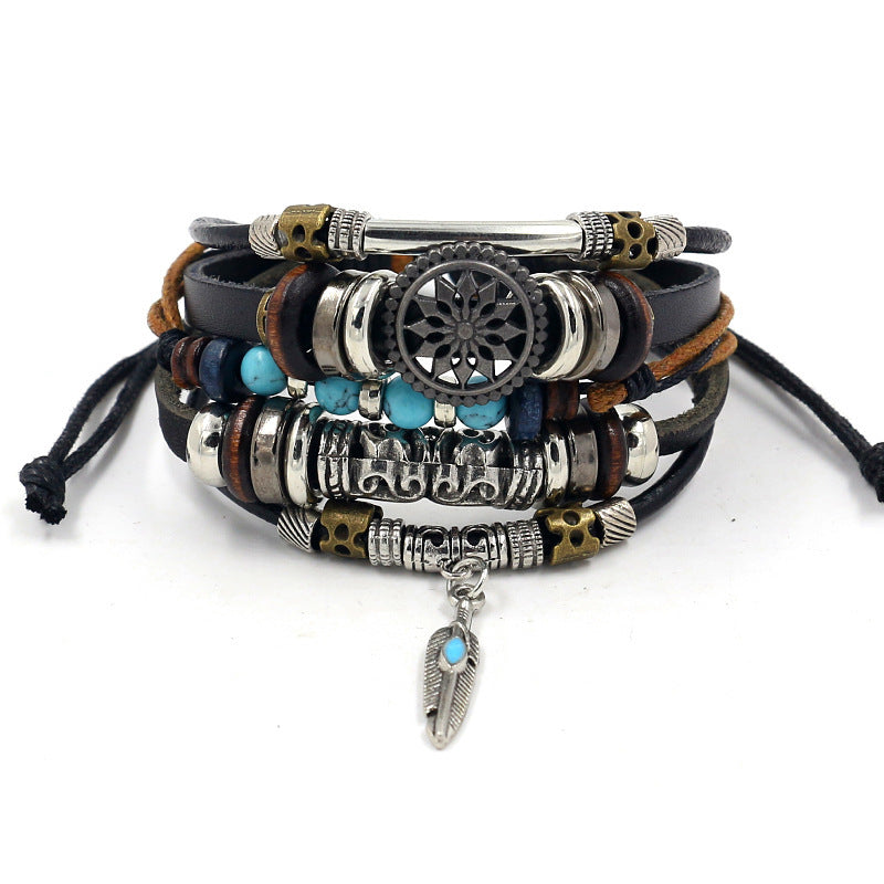 Wholesale Fashion Multi-layer Alloy Beaded Turquoise Braided Bracelet