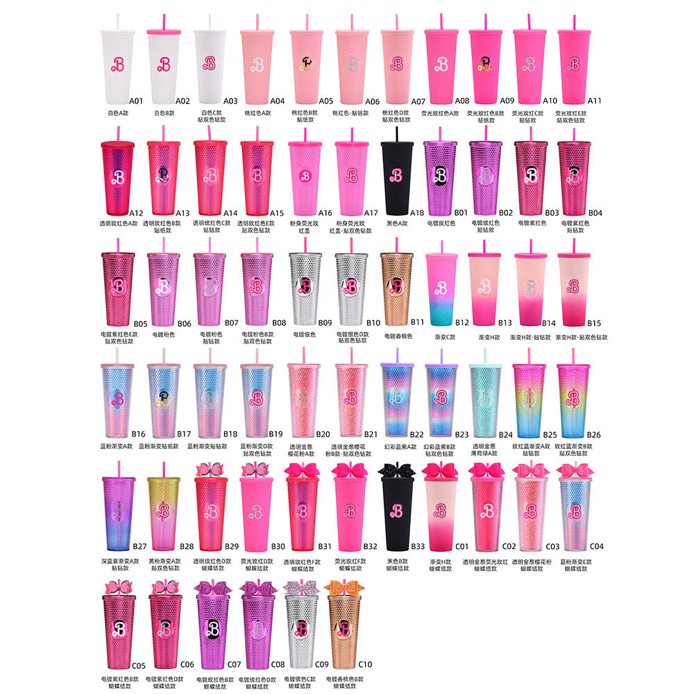 Wholesale Double-layer Plastic 710ml Large Capacity Straw Cup with Glitter Bow Tie Hand Cup Durian Cup