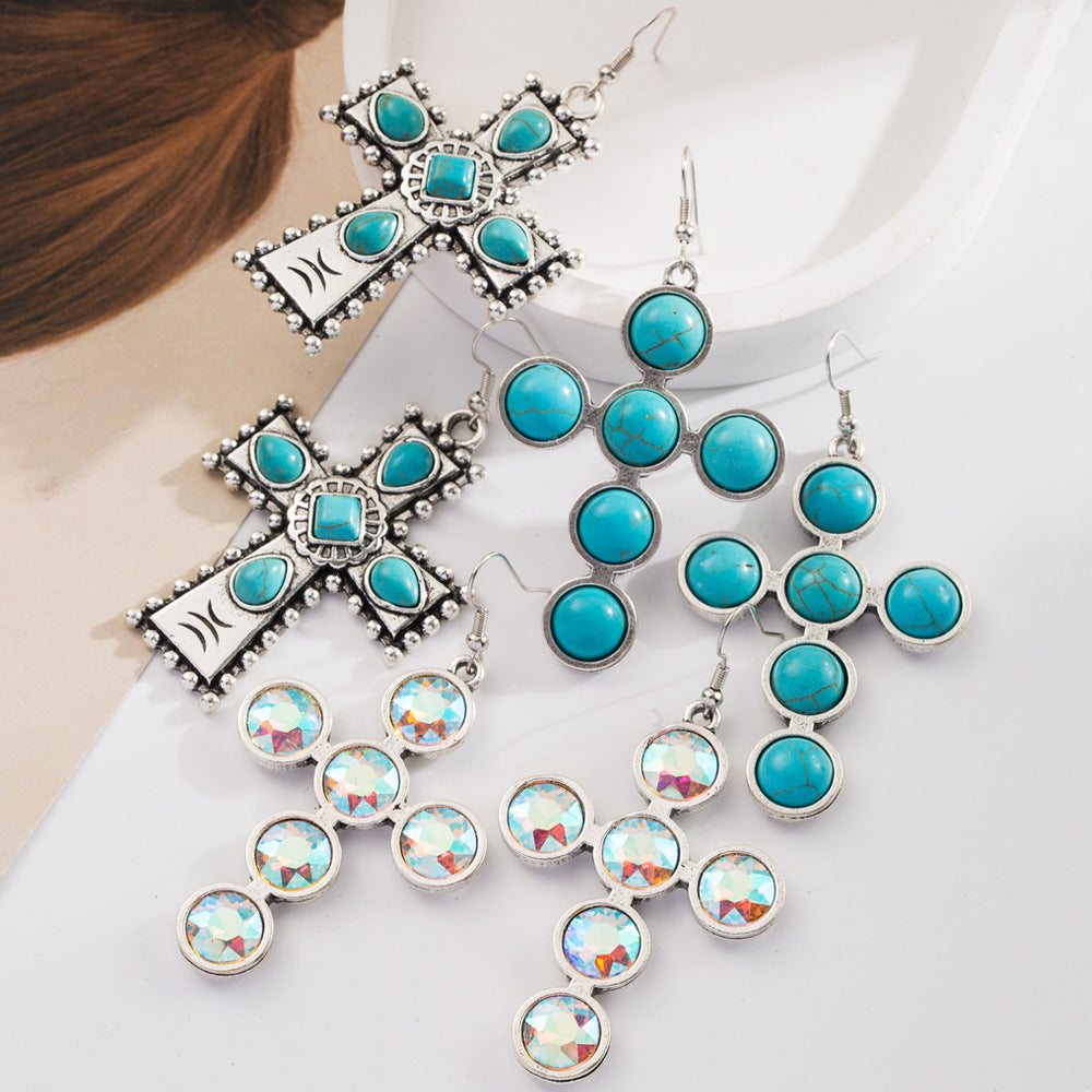 Wholesale Turquoise cross exaggerated earrings bohemian style earrings