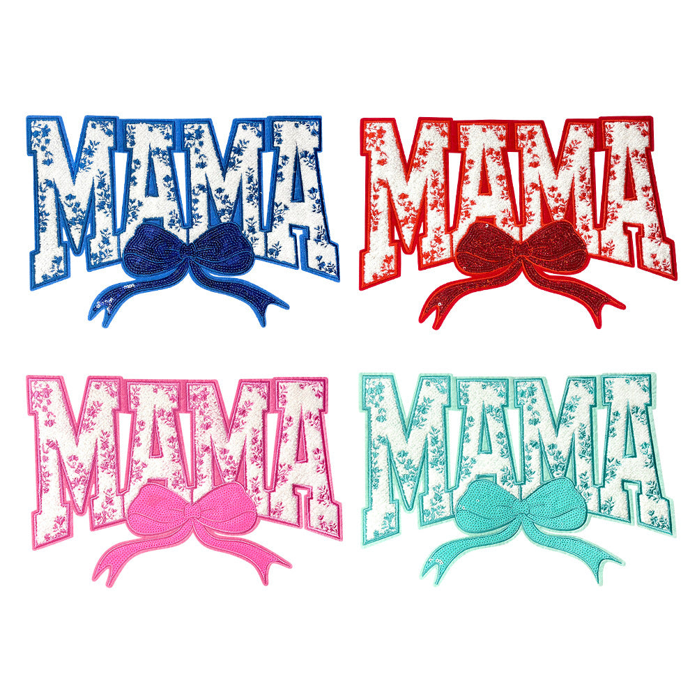 Wholesale Modern MAMA Bow Embroidered Patch Large 28Cm Blue Sequin Applique For Coat Fashion Accessory Resale