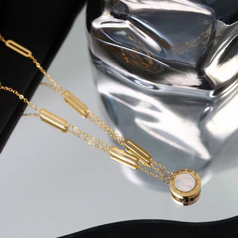 Wholesale Golden Titanium Steel Double  Sided Roman Numeral Circle Necklace Earrings