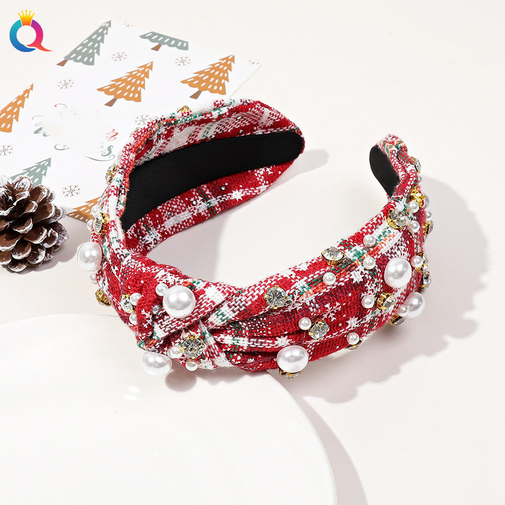 Wholesale Christmas Wide-brimmed Diamond-set Pearl High Skull Headband Hair Ornament