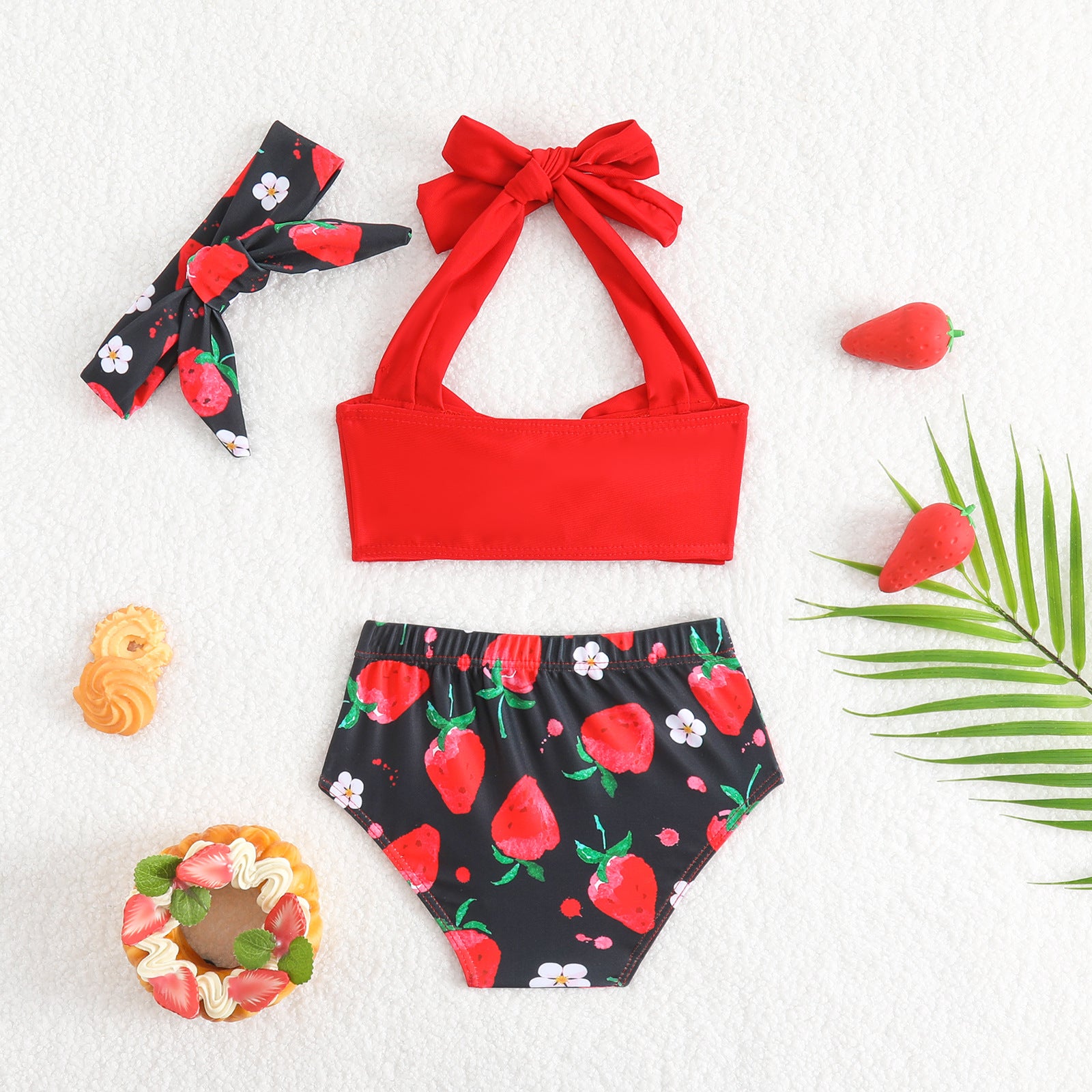 Wholesale Strawberry Print Bowknot Infant Red Sling Two-Piece Swimsuit