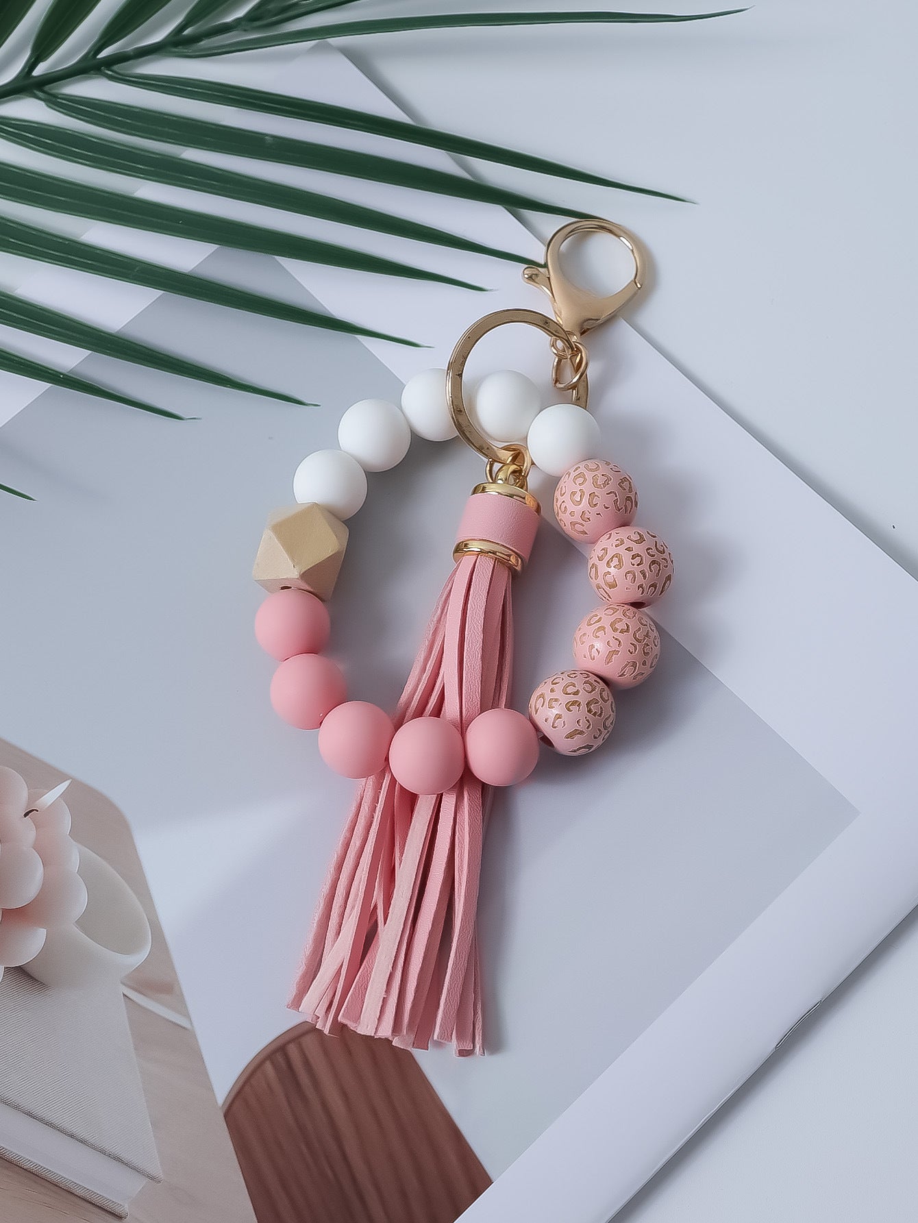 Wholesale Printed wooden bead bracelet with tassel wrist keychain