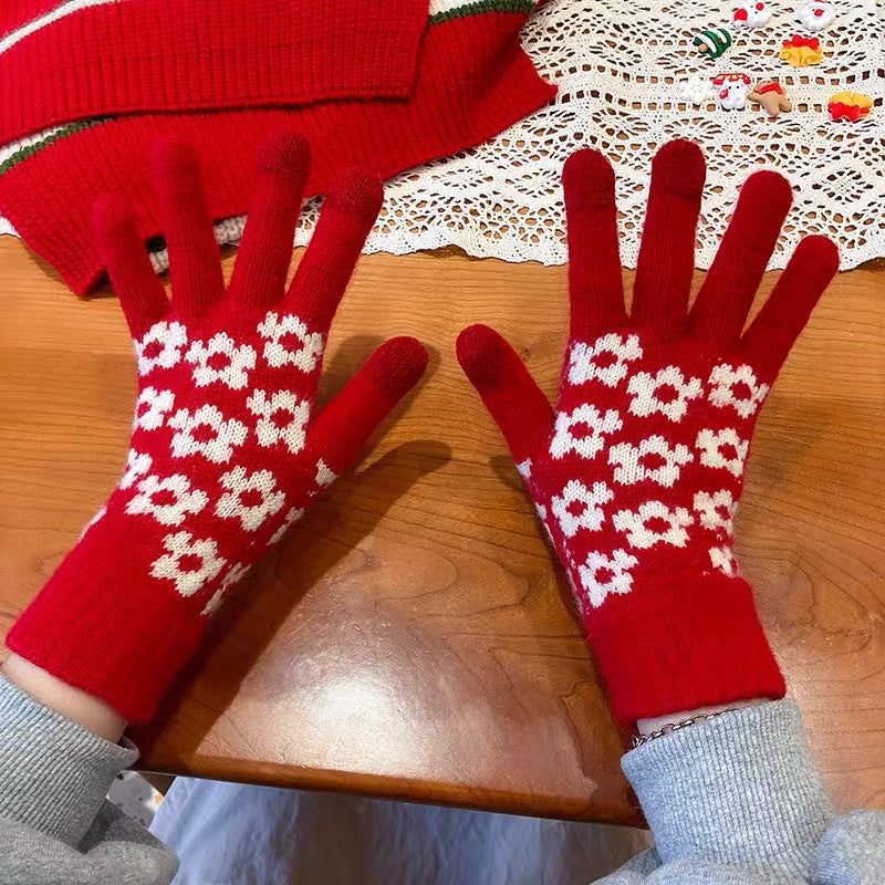 Wholesale All-match Red Knitted Five-finger Thick Warm Cycling Writing Touch Screen Wool Gloves