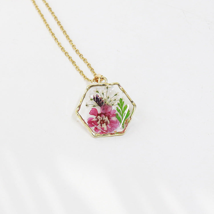 Wholesale 6pcs Polygonal Real Flower Preserved Flower Dried Flower Necklace