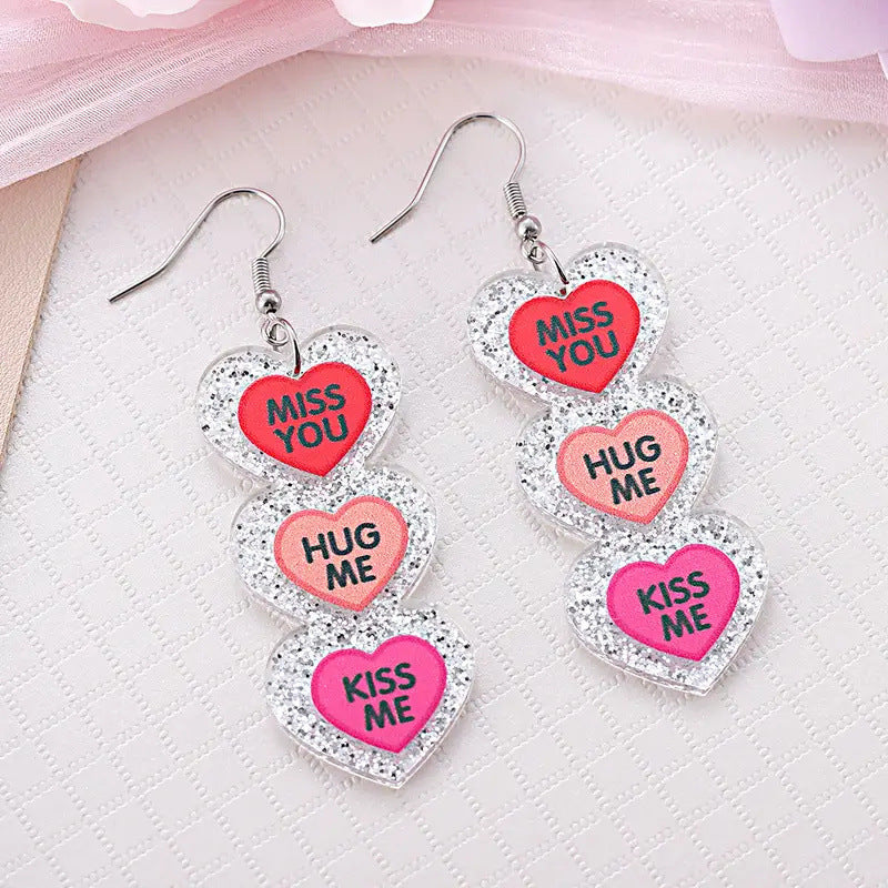 Wholesale three-color love stitching earrings Valentine's Day romantic English heart glitter pendant earrings