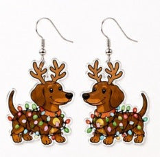 Wholesale Trendy Acrylic Pendant Earrings Reindeer Dachshund Red Green Contrast Jewelry Accessory