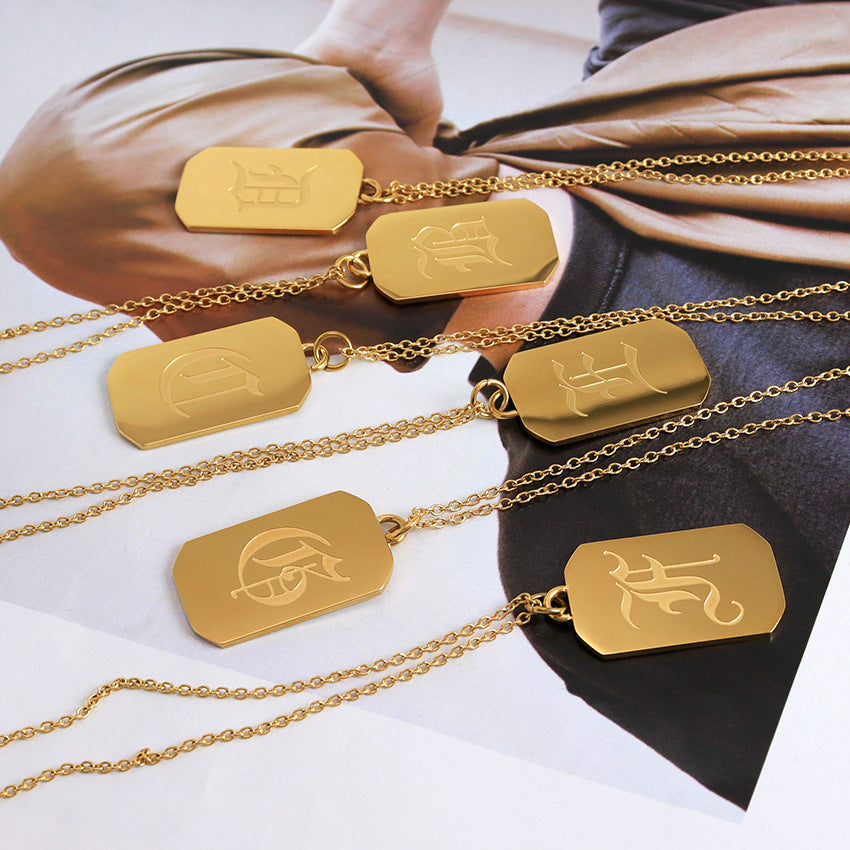 Wholesale 2PCS Stainless Steel Gold Plated Letter Square Necklace