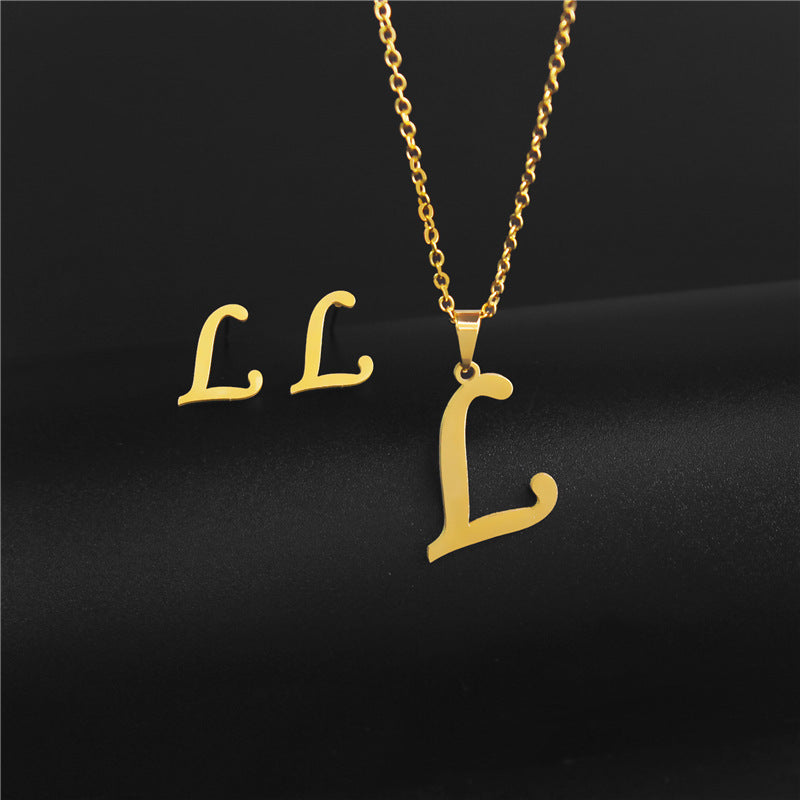 Wholesale Stainless Steel 26 Letter Necklace Earrings Two Piece Set