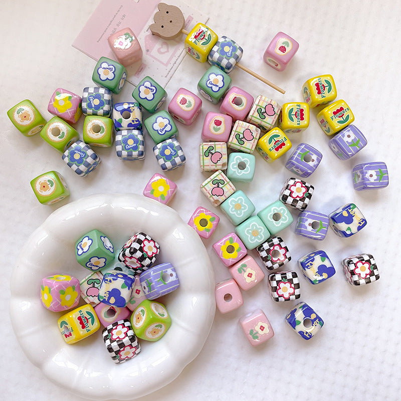 Wholesale 10pcs Garden Checkerboard Tulip Flowers Love Blocks Acrylic Beads