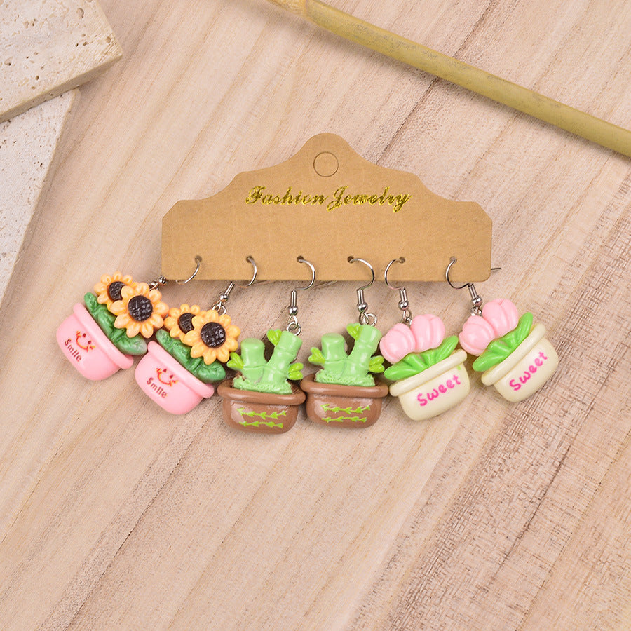 Wholesale Cute Expression Plant Flower Potted Plastic/Resin Earrings Set