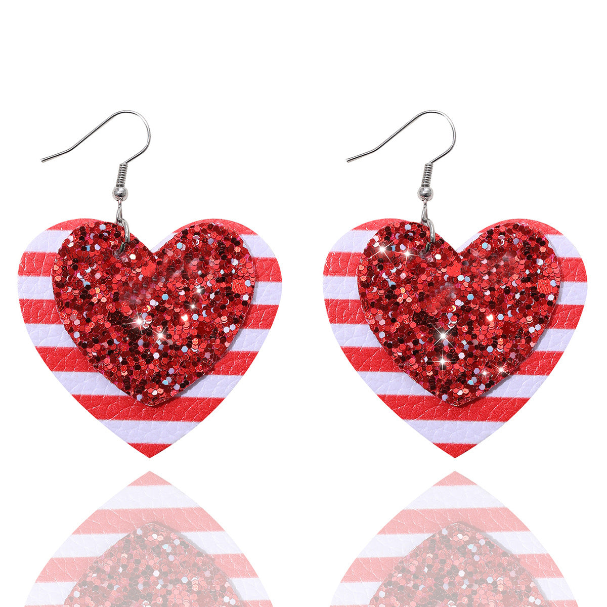 Wholesale Valentine's Day Love Shaped Red and White Striped Sequins Glitter Leather Earrings