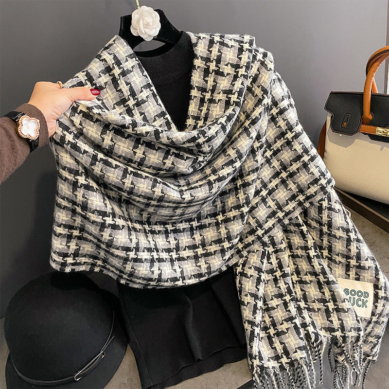Wholesale Autumn and Winter Imitation Cashmere Contrasting Long Tassel Color Block Plaid Scarf