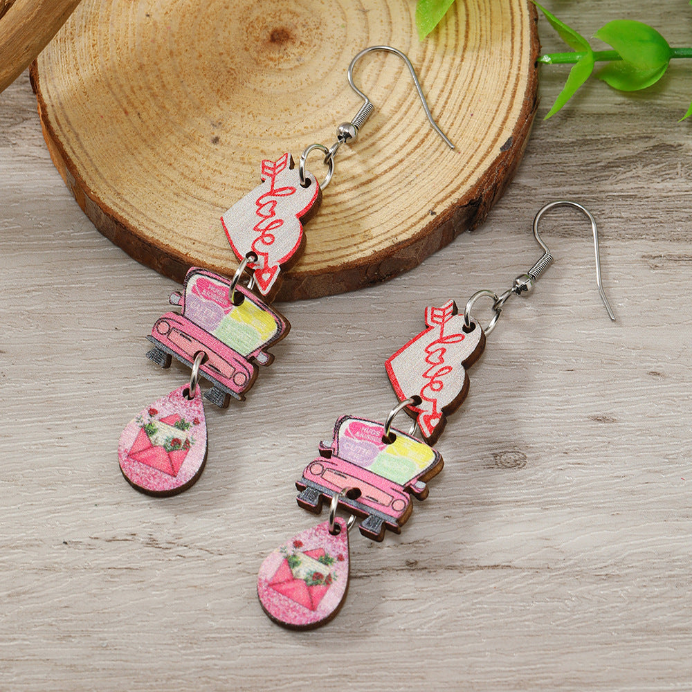 Wholesale Valentine's Day One Arrow Heart Piercing Truck Printed Wooden Earrings