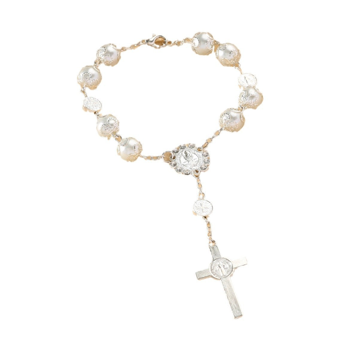 Wholesale 10mm glass pearl cross blessing beaded bracelet