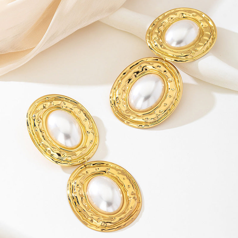 Wholesale Trendy Alloy Electroplated Oval Pearl Earrings For Women Statement Geometric Design Fashion Jewelry Gift Boutique Resale
