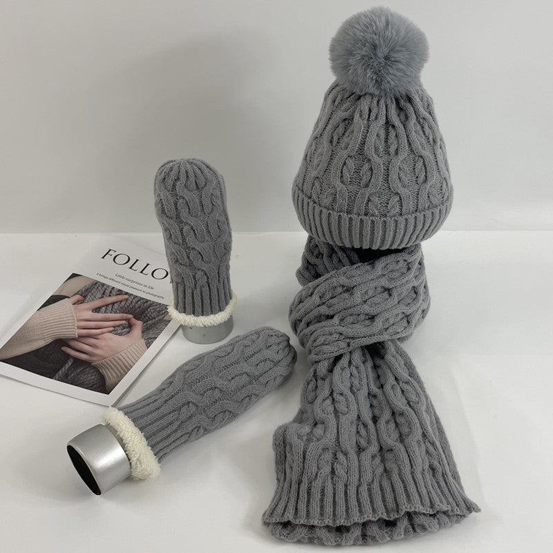 Wholesale Winter Velvet Warm Knitted Beanie Thickened Scarf Gloves Three-piece Set