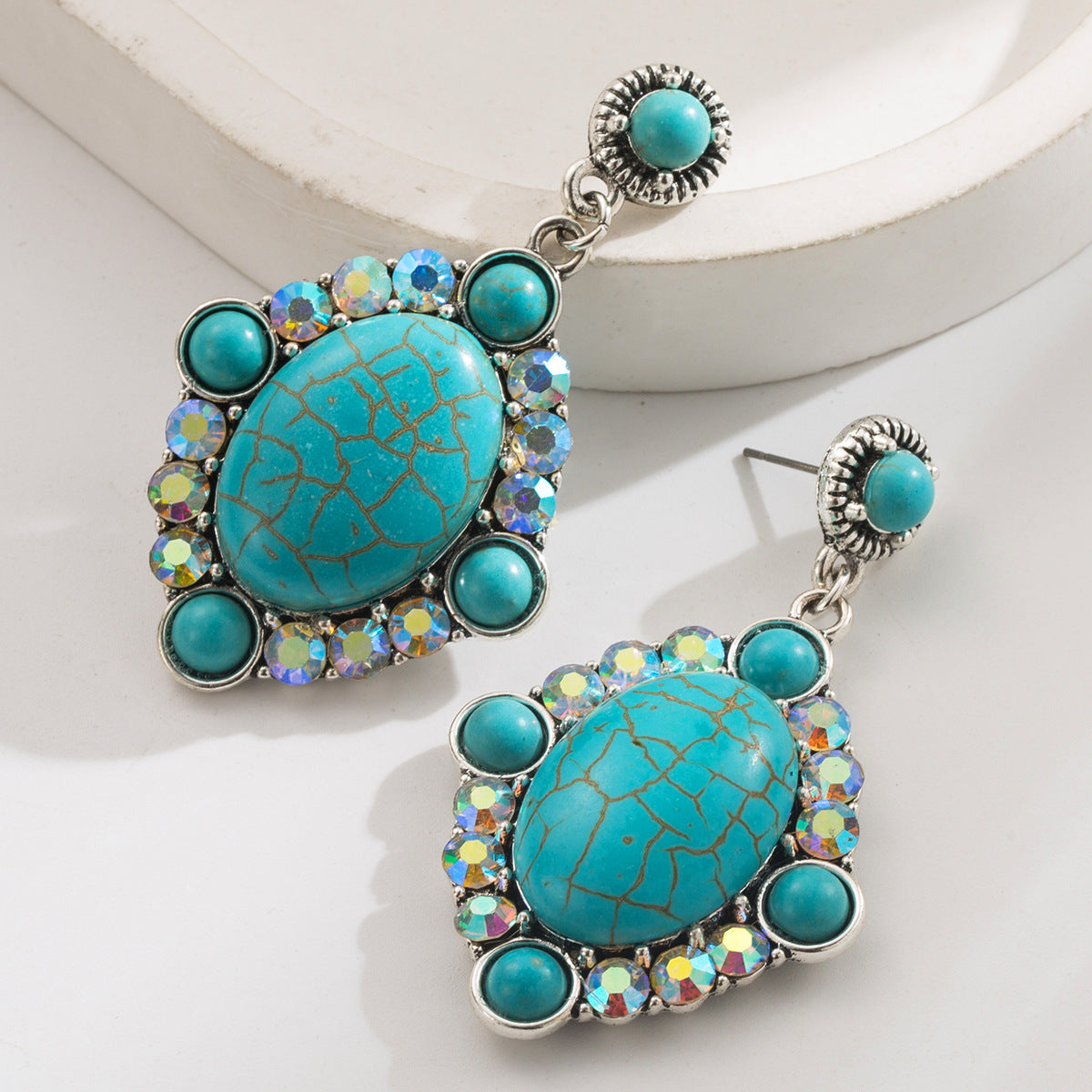 Wholesale Western style exaggerated turquoise earrings  geometric diamond earrings