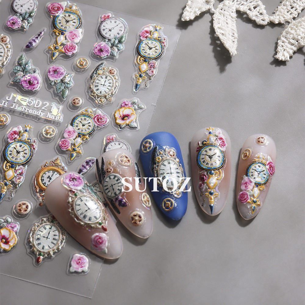 Wholesale 3pcs/pack 5D Nail Art Stickers Baroque Retro Embossed 3D Mirror Clock Nail Decals