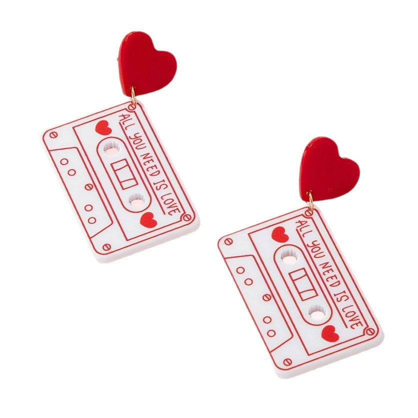 Wholesale Valentine' s Day Heart-Shaped Acrylic Cassette Tape Earrings