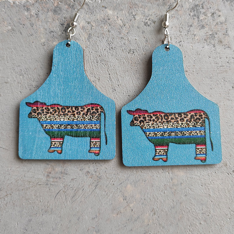 Wholesale 2 Pair/Pack Western Leopard Vintage Aztec Cow Brand Turquoise Green Wood Earrings
