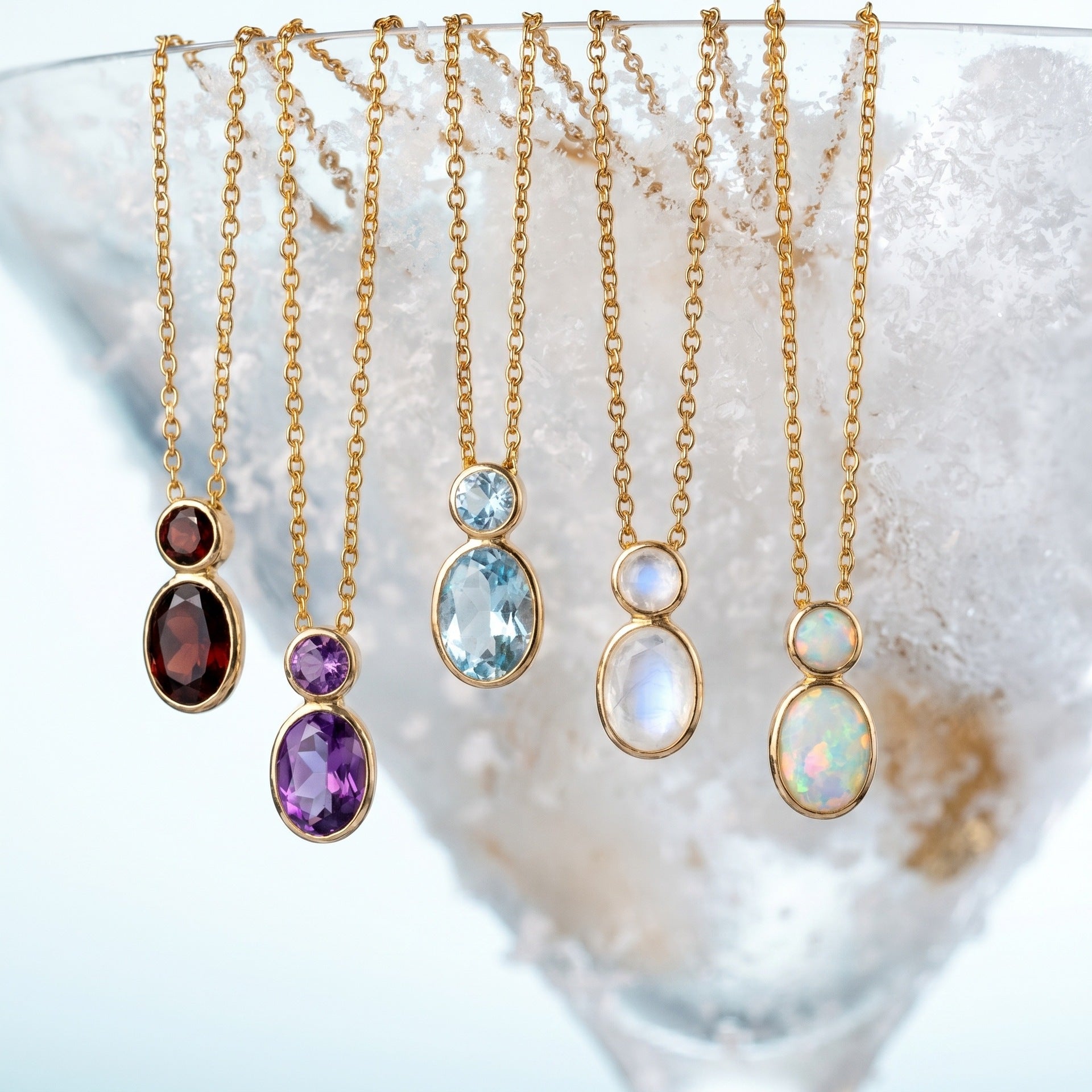 Wholesale Minimalist Gourd Pendant Necklace Double Stone Bezel Set Natural Stone Gold Bead Stainless Steel Collarbone Chain Jewelry Accessory
