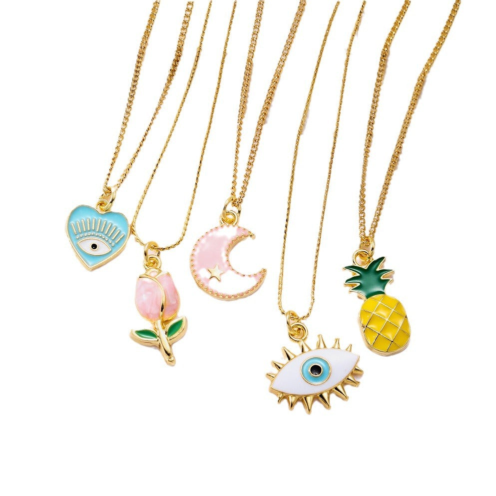 Wholesale 5pcs Evil Eye Oil Drop Heart Tulip Starry Sky Pineapple Pendant Necklace