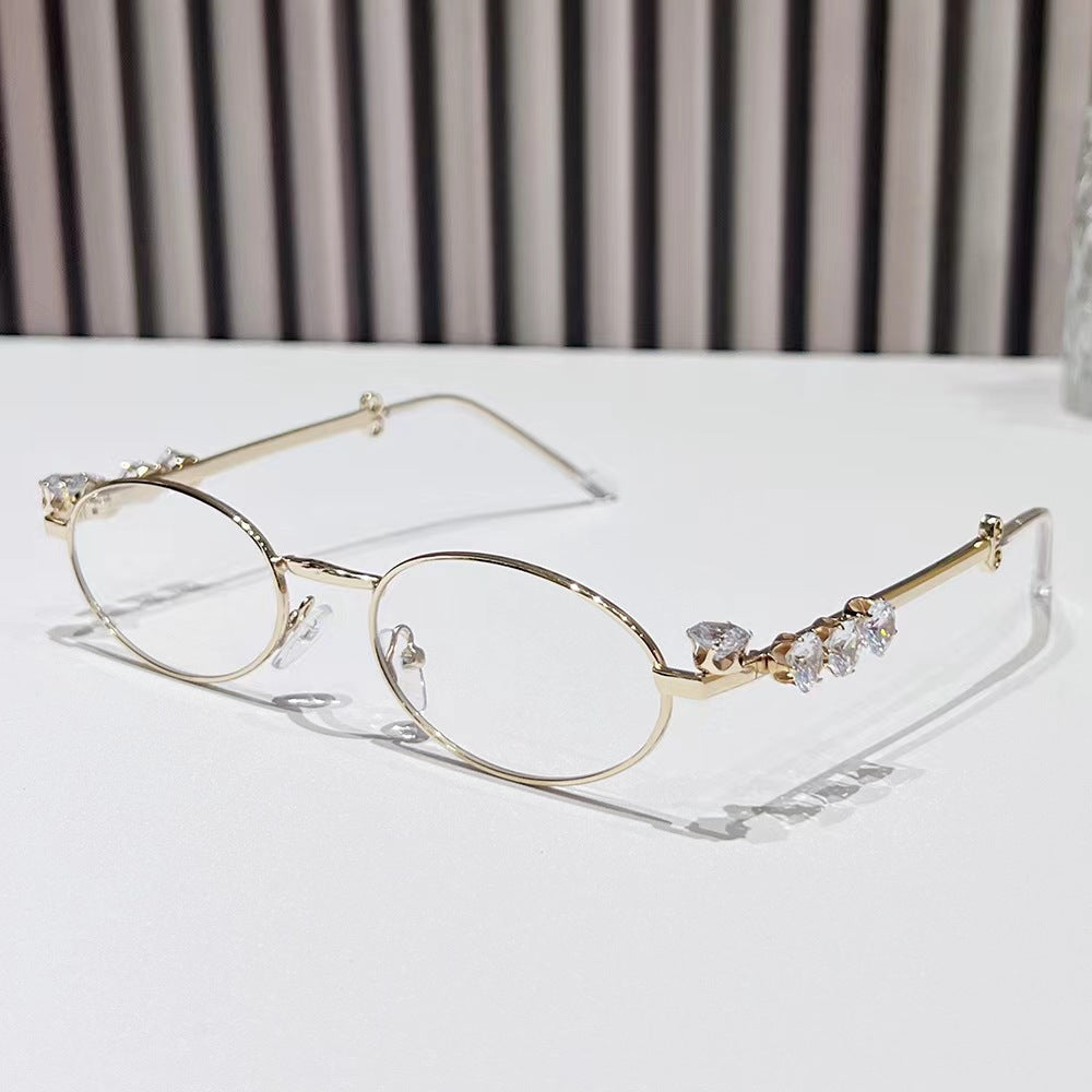 Wholesale Metal diamond oval small frame glasses resin anti-blue light glasses rhinestones plain y2k sunglasses