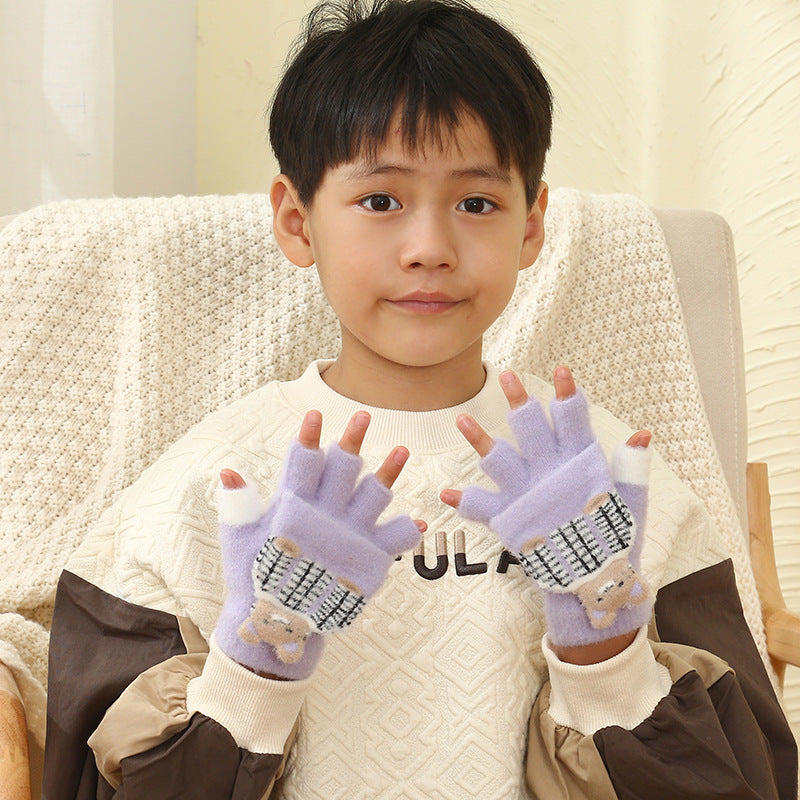 Wholesale Winter Thickened Children's Cartoon Panda Half Finger Flip Gloves