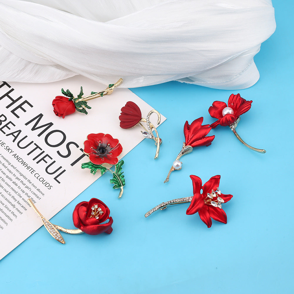 Wholesale Red rose inspired pearl studded diamond brooch