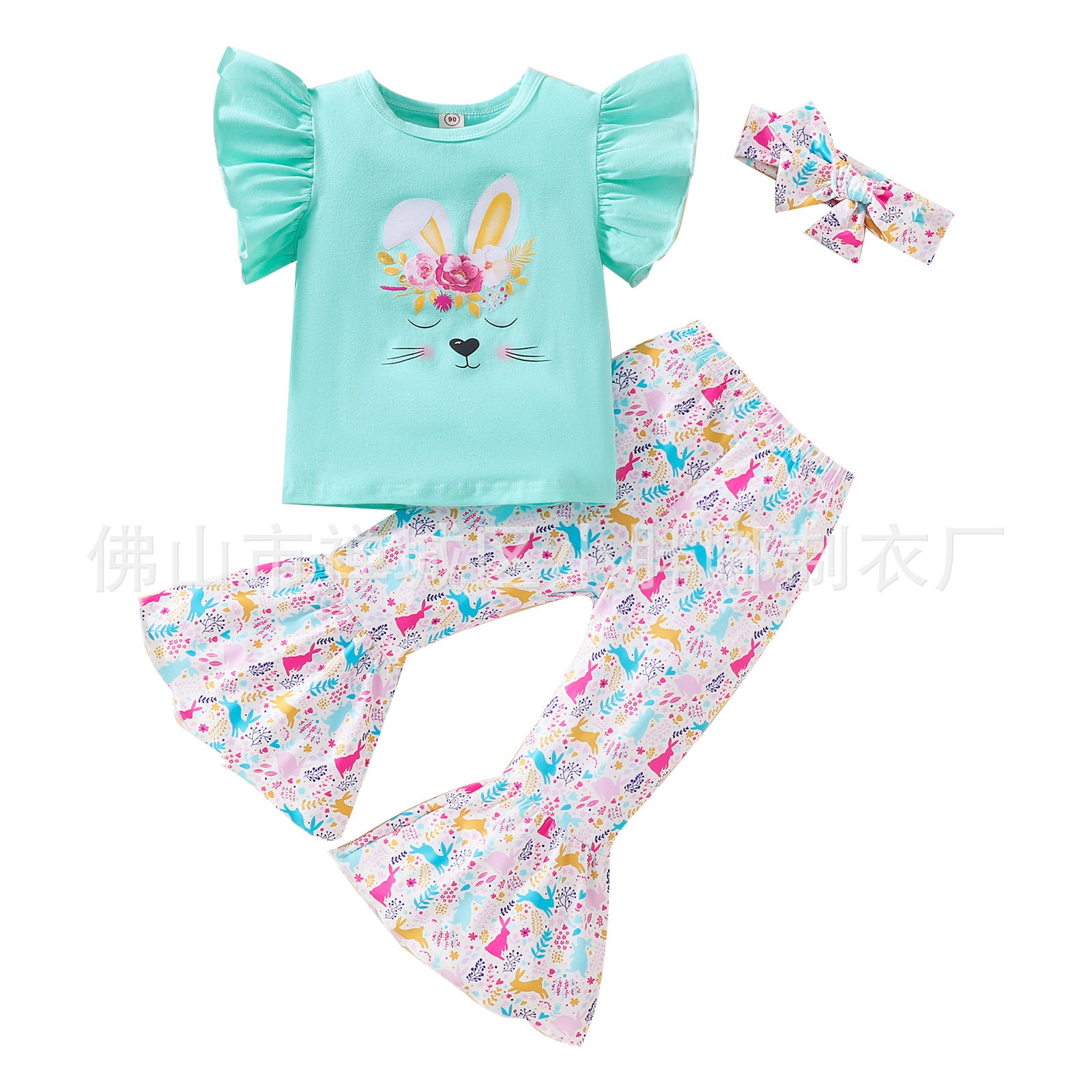Wholesale Cotton Children's Easter Rabbit Bell Pants Rabbit Swallow Tail Flying Sleeves Top Headband Three Piece Set