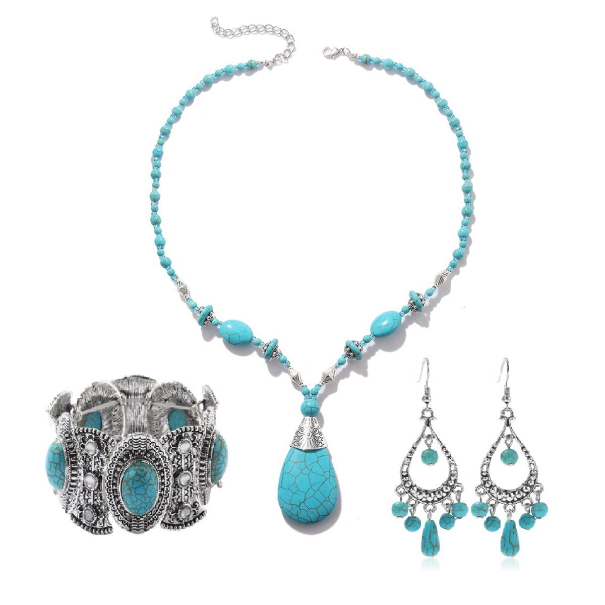 Wholesale Popular Vintage Pearl Pendant, Bohemian Ethnic Jewelry, Turquoise Necklace Earring Set
