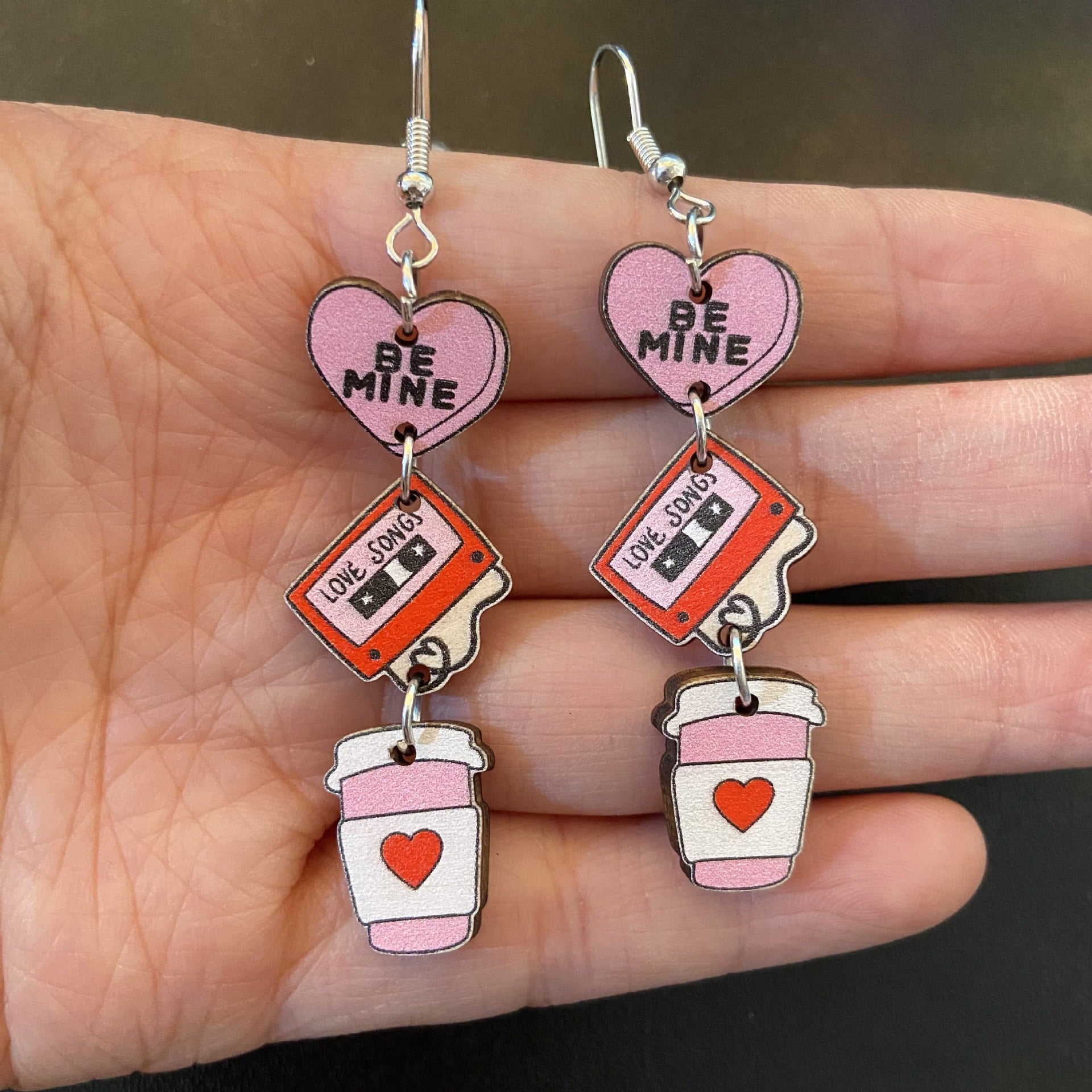 Wholesale Valentine's Day Pink Heart Coffee Cup Cupid Tape Earrings