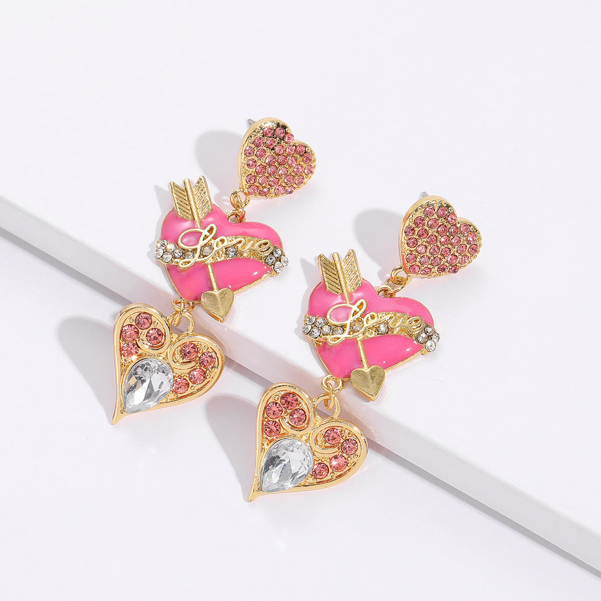 Wholesale Valentine's Day Alloy Oil Drop Diamond Pink Love Earrings